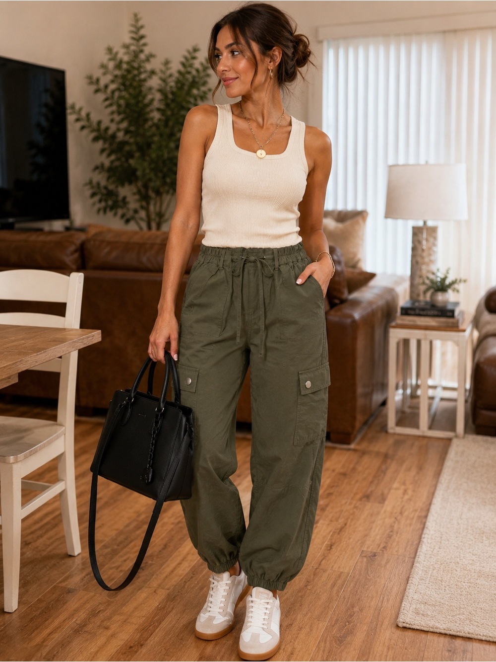 CAbi Olive Cargo Drawstring Ankle Pants